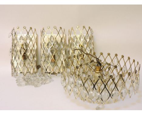 A 1970's gilt hanging centre light, with glass and a set of three latticed wall lights (4)