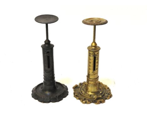 Two 19th century brass candlestick postal scales, by R W Winfield, c1840, and Joseph & Edmund Ratcliff, c1850, 16.7 and 17cm 