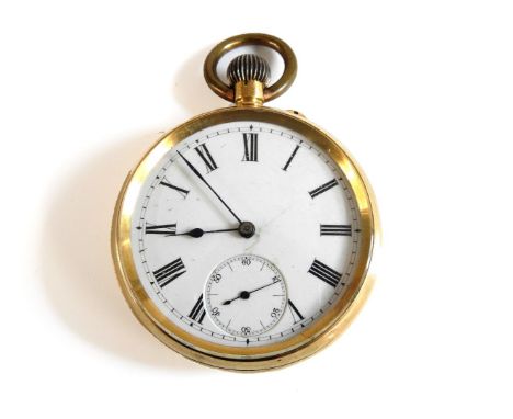 A Swiss gold open faced pocket watch, white enamel dial, Roman numerals, and seconds subsidiary dial, engraved presentation d