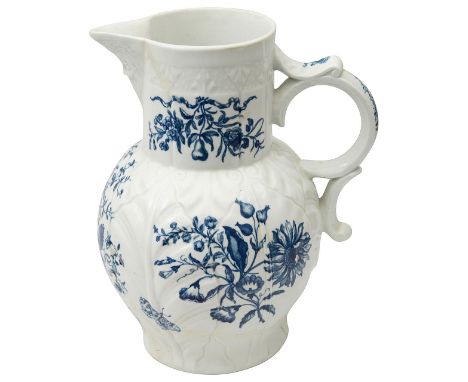 A large First Period Worcester cabbage leaf mask spout jug c.1775transfer decorated in underglaze blue with Natural Sprays pa