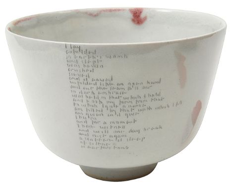 Rupert Spira (British b.1960) A deep studio pottery stoneware bowlembossed with a poem under grey chun glaze with splashes of