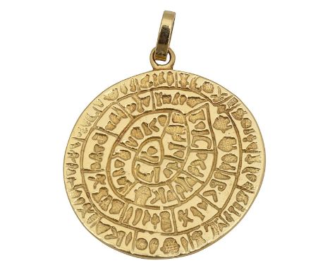 A gold medallionchased with an abstract design, indistinctly stamped to suspension loop, tests as gold total approx. diameter