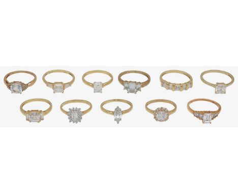 A collection of colourless gem set jewelleryseven 14ct gold and colourless gem set rings, of varying design including; two so