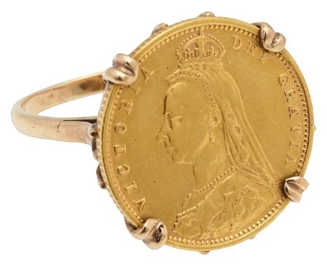 A Victorian half sovereign ring possibly dated 1892, veiled head facing left, crowned coat of arms to reverse, claw set to a 