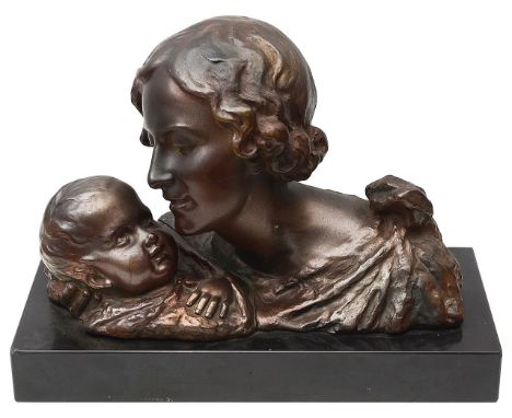 Alexandre Ouline (Belgian, 1918-1940) 'Maternite', a patinated bronzesigned Ouline, on black marble plinth base height 29cm.,