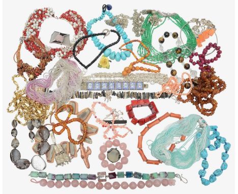 A collection of artisanal silver and semi precious stone jewellery and costume to include a chunky watermelon tourmaline and 
