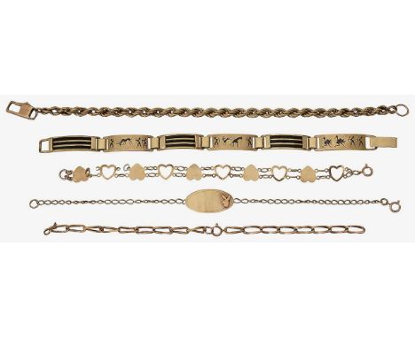 A group of braceletsincluding; three 9ct yellow gold bracelets, stamped with hallmarks; a yellow metal bar bracelet, of alter
