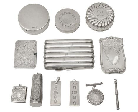 A collection of silver vertu to include an Edwardian stamp double case and snuff boxes and other itemsfirst Birmingham, 1905,