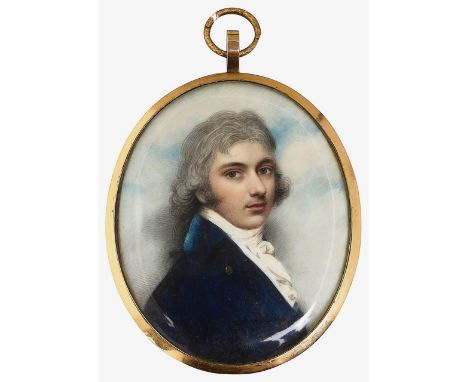 Andrew Plimer (Brit. 1763-1837)portrait of a gentleman facing right wearing a blue coat, stock and cravat, watercolour on ivo