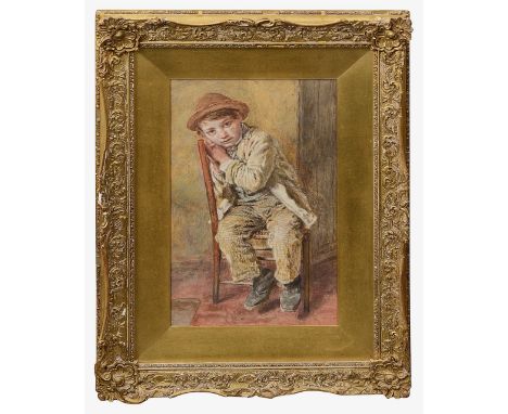 William Henry Hunt (British, 1790-1864)'Portrait of seated boy', watercolour, signed bottom right W Hunt, gilt gesso frame wi
