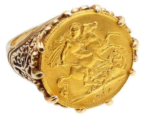 A George V half sovereign ringdated 1914, bare head facing left, St George slaying the dragon to rev, in a loose ring mount, 