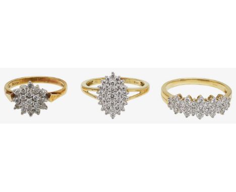 Three 18ct gold cluster ringsof varying design, pave-set colourless gems, stamped with hallmarks to shank (3)ring sizes O, Q,