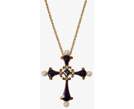 A diamond and sapphire enamel cross pendantcentral square step cut sapphire, within a four stone round brilliant-cut diamond 