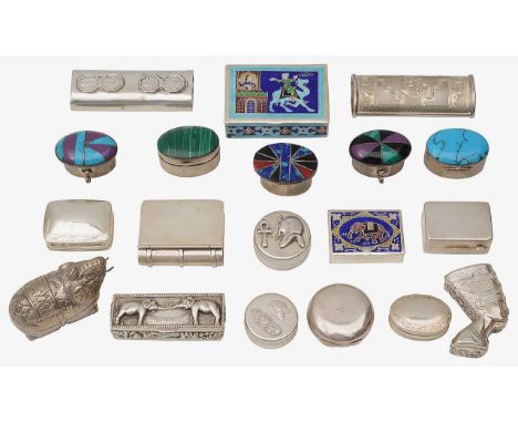 A collection of foreign silver snuff, pill boxes and other itemto include an Indian silver and enamel snuff box decorated wit