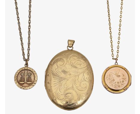 A 9ct gold oval locketchased with scrolling foliate design, stamped with Birmingham hallmarks, together with; 9ct gold pendan
