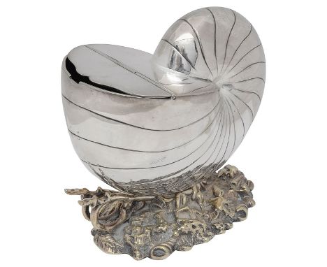A Victorian electroplated nautilus shell spoon warmerunmarked on an naturalistic baseheight 14.5cm.,Condition:Good condition.