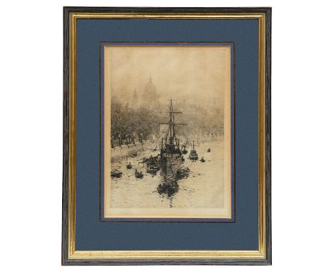 William Lionel Wyllie, RA (1851-1931)'HMS President lying on her permanent mooring on the Thames', black and white etching, s