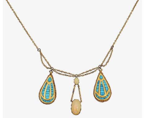 An opal and turquoise festoon necklacestamped to chain extender "9ct" total approx. length (with extender) 42cm, total approx