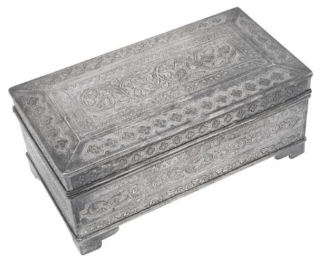 A mid 20th century Malay silver table cigarette boxstamped A M and Brunei in Arabicrectangular, the hinged lid and sides engr