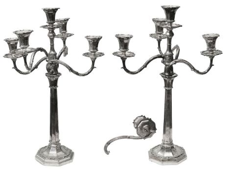 A pair of Edwardian silver five light candelabraSheffield, 1909, makers mark J S Rthe weighted plain tapering octagonal colum