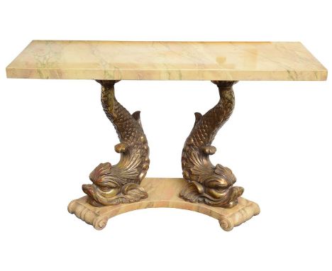 A Regency style polychrome and gilt console table Second half 20th century the simulated marble rectangular top raised on pai