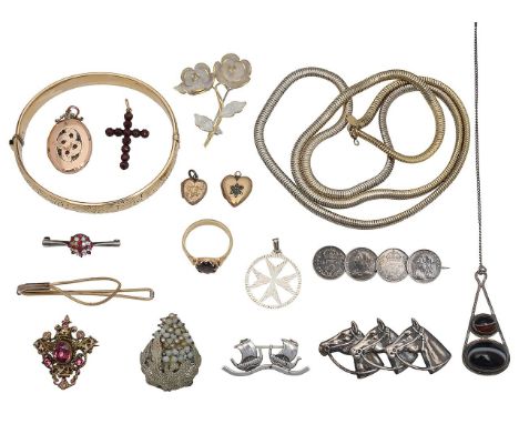 A collection of costume jewellery 9ct gold and garnet set ring, stamped with hallmarked to shank; a hinged bangle, chased wit