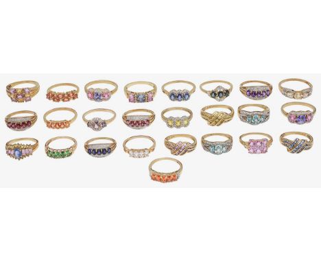 A collection of 9ct gold multi-gem set ringsof varying design, stamped with 9ct gold hallmarks to shank together with an oran