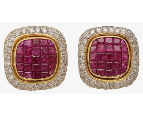 A pair of ruby and diamond ear-studsof square-form, with central invisible-set rubies, within a pave-set diamond surround, un
