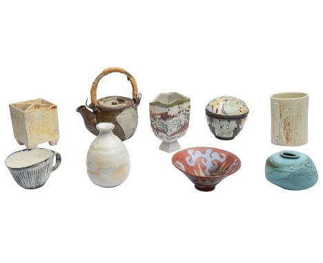 A Collection of Contemporary Ceramics &amp; Studio Pottery to include an Oriental-style stoneware teapot with a wood and stri