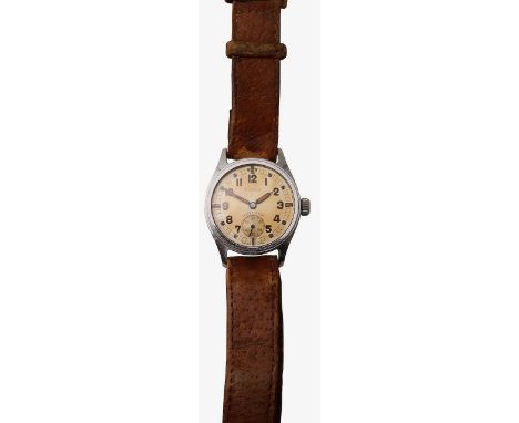 A 1940s WWII military issue stainless steel Timor ATP wristwatch circular silvered dial with black Arabic numerals, minute tr
