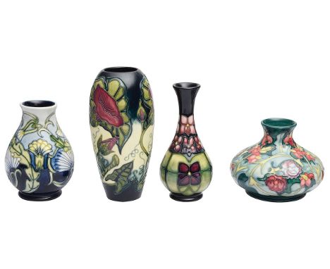 Four modern Moorcroft vasescomprising a 'Leicester' pattern vase designed by Rachel Bishop, of squat from, signed in gold Rac