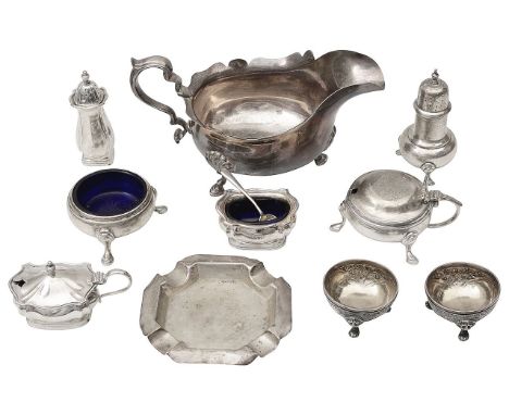 A large George V silver sauce boat, cruet sets and other silvervarious dates, makers marks first Birmingham, 1927, Adie Broth