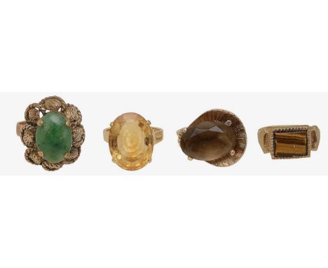 A collection of gem-set rings9ct gold and tigers eye set signet ring, stamped with hallmarks; citrine single stone ring, cent