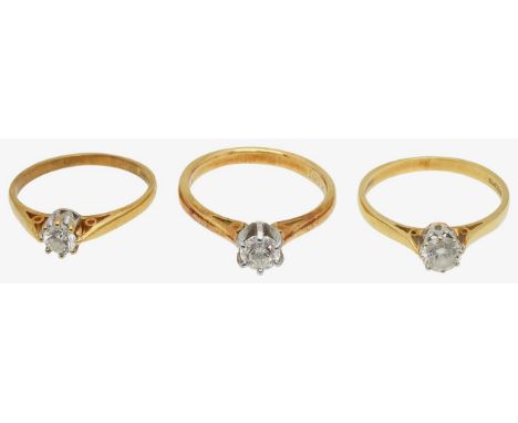 Three diamond single stone ringseach claw-set with a brilliant-cut diamond to the 18ct gold hallmarked setting (3)ring sizes 