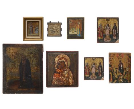 A collection of mostly Russian iconstempera on gesso on wood panel comprising Mother of God, an unknown saint, The mother of 