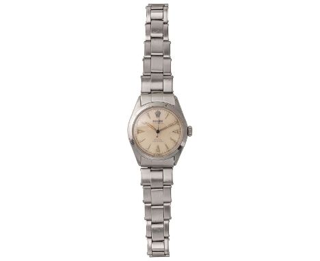 A gentleman's Rolex stainless steel Oyster Perpetual 'bubbleback' wristwatch ref 6106 c.1950the circular cream dial with rais
