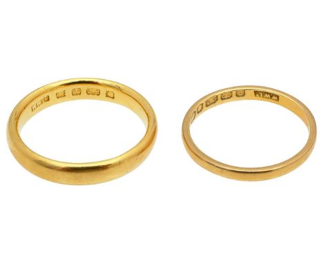 Two 22ct wedding bandsboth stamped with hallmarks (2)ring size O, M/N, total approx. weight 8.6gCondition: