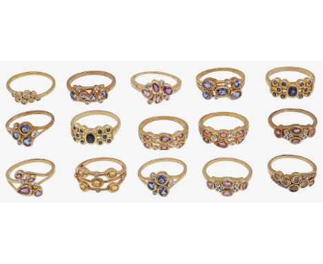 A collection of 9ct gold gem set ringsof varying design and featuring different coloured gems, collet set, all stamped with 9