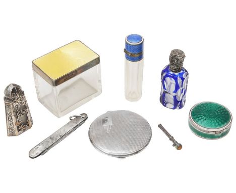 A collection of silver vertu to include a silver and enamel pill boxcomprising a continental silver and green translucent gui