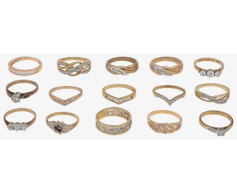 A collection of diamond and gem set rings14ct gold and colourless gem set half eternity ring, stamped with hallmarks; nine 9c