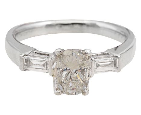 A diamond ringthe central rectangular step cut-cornered diamond estimated to weigh 1.20 cts, set to either side with a baguet