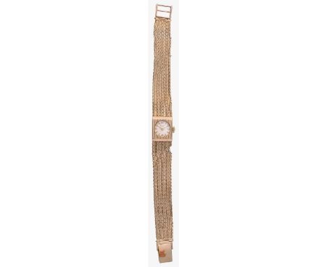 A 9ct gold manual wind ladies bracelet wristwatchthe square case enclosing a round champagne coloured dial with baton and Ara