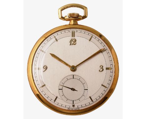 An Art Deco Movado keyless open faced 18ct gold pocket watchthe silvered dial with Arabic numerals and baton numerals, and a 