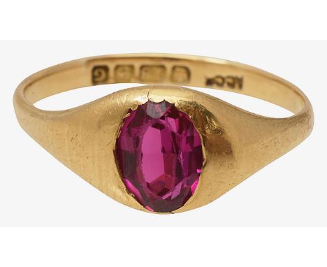 A 'ruby' and 18ct gold signet ringthe oval mixed-cut ruby (untested but possibly synthetic) to the 18ct yellow gold rub over 
