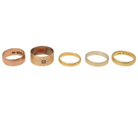 A collection of rings18ct gold wedding band, stamped with hallmarks; 9ct gold band, stamped with hallmarks; 9ct gold band, se