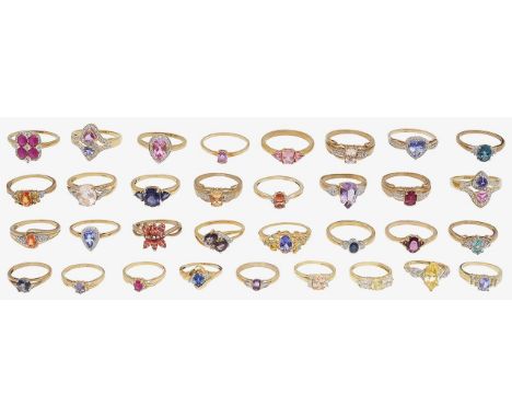 A large collection of gem-set ringsincluding; a group of 9ct gold and colourful gem-set rings, of varying designs, stamped wi