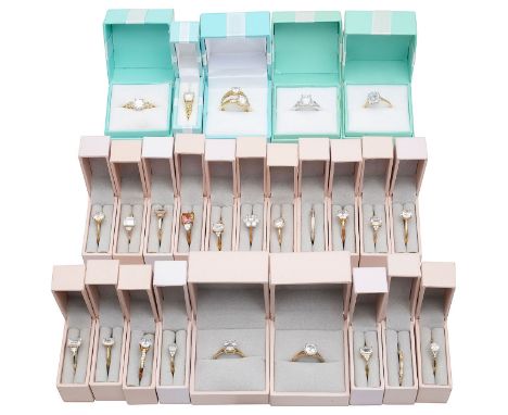 A large collection of gold ringsincluding: six 14ct gold, cubic zirconia set rings, stamped with hallmarks to shank and a gro