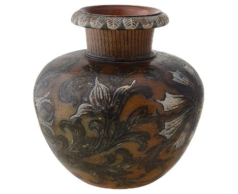 A Martin Brothers stoneware vase of squat tapering form with everted rim, incised and painted with flowers and scrolling foli