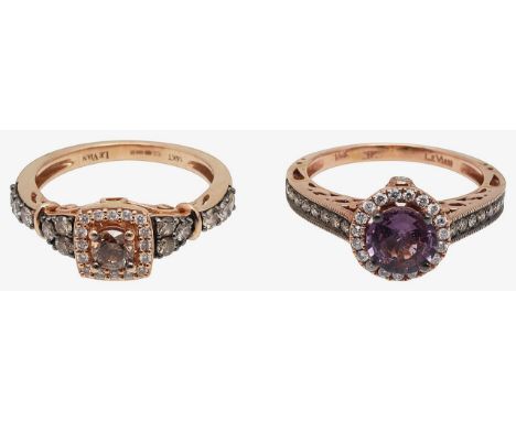 Two gem-set rings by La Vian the first: 14k rose gold diamond single stone ring central round brilliant-cut brownish diamond 