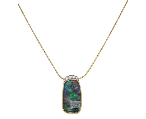 An 18ct gold, black bolder opal and diamond set pendantcentral lozenge bolder opal, collet set in 18ct gold, stamped with hal
